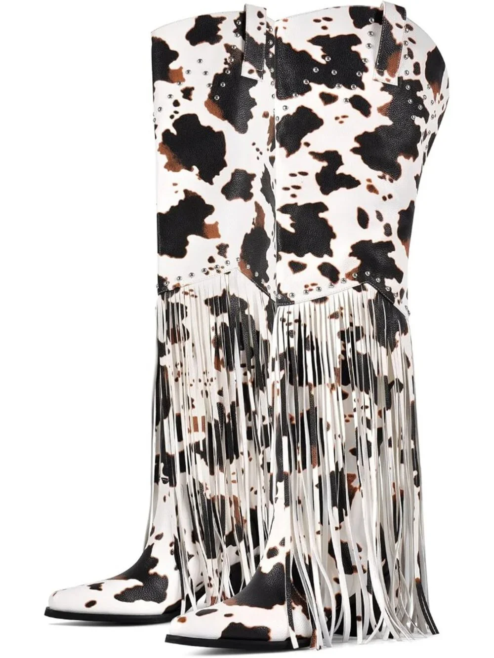 Women's Cow Print Pointed Toe Fringe Wide Calf Cowgirl Over The Knee High Boots